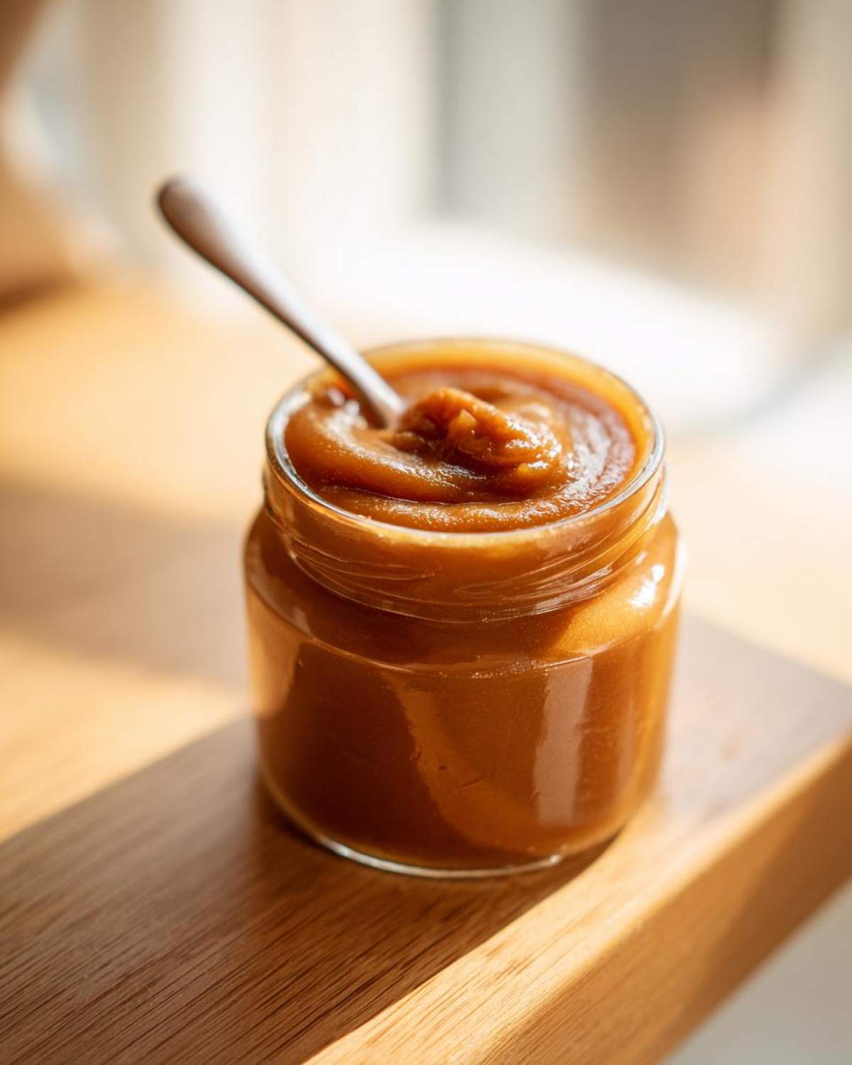 A small glass jar filled with rich, smooth apple butter, a spoon rests inside.