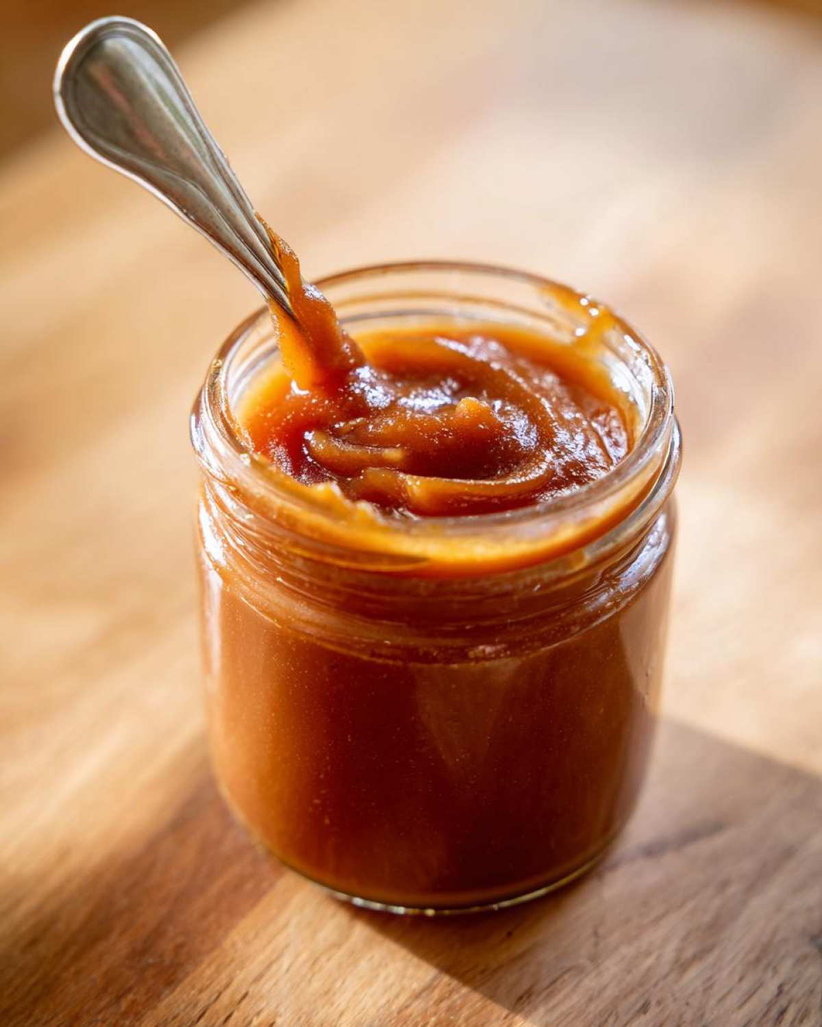 A small glass jar filled with rich, dark apple butter, with a spoon scooping some out.