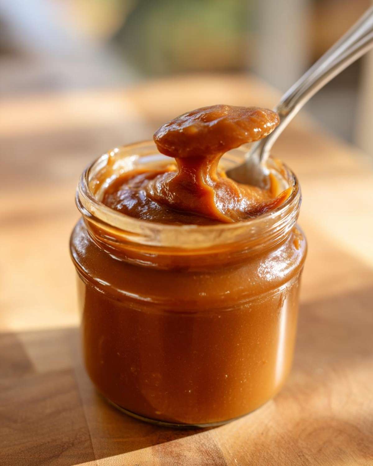 A close-up of a jar filled with rich, smooth apple butter, with a spoon lifting some out.