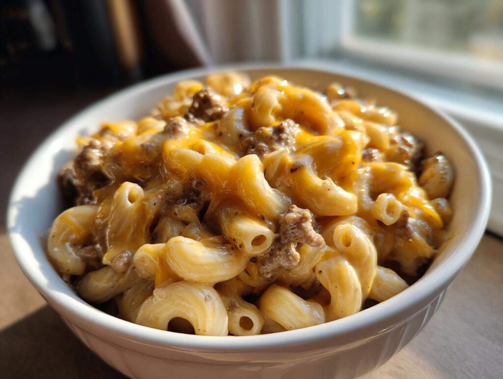 A close-up of a white bowl filled with creamy, cheesy homemade hamburger helper, featuring elbow macaroni and ground beef.