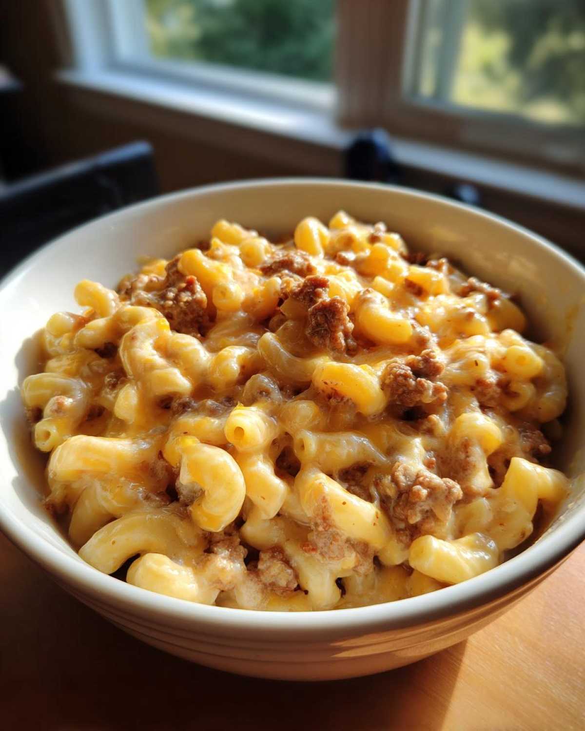 Close-up of a bowl filled with creamy, cheesy homemade hamburger helper, featuring macaroni pasta and ground beef.