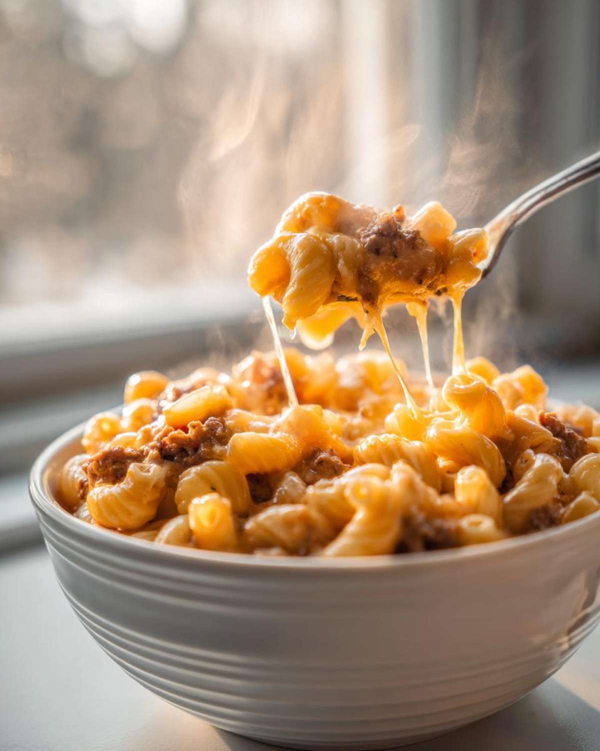 A fork lifting a cheesy portion of homemade hamburger helper with pasta and ground beef.