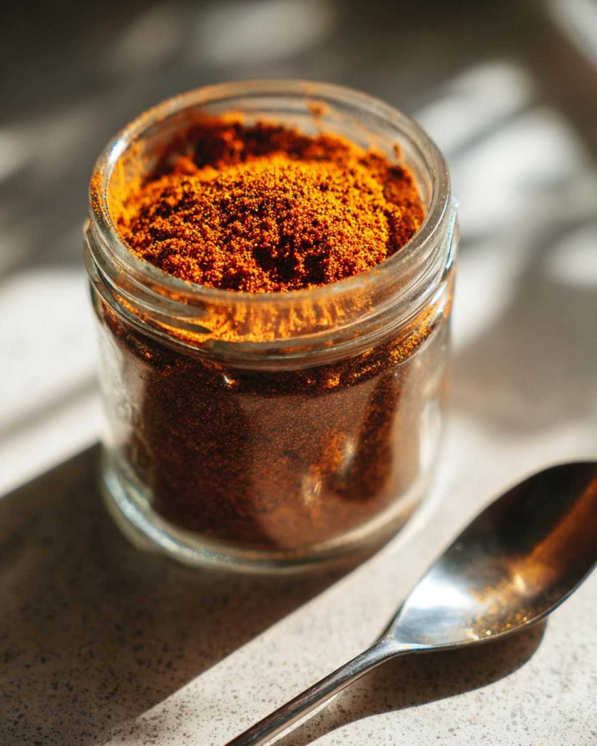 Close-up of a glass jar filled with homemade taco seasoning, with a spoon nearby.