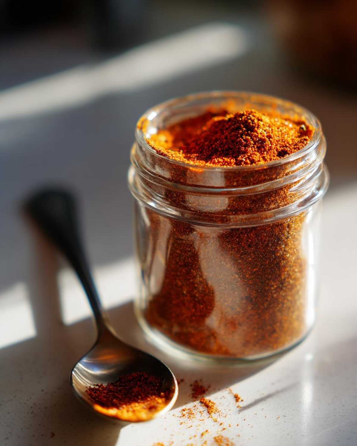 A glass jar filled with homemade taco seasoning, with a spoon holding some of the seasoning next to it.