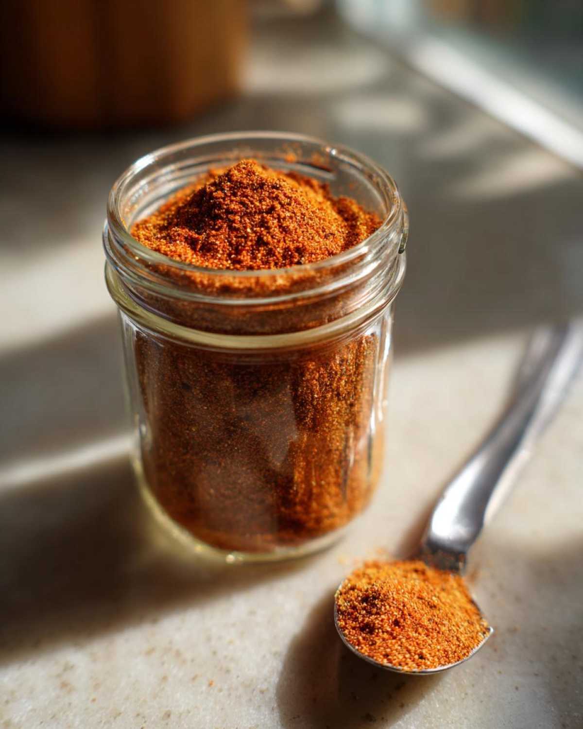 A small glass jar filled with homemade taco seasoning, with a spoonful of taco seasoning next to it.