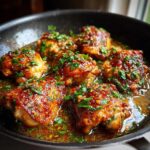 Close-up of juicy honey lemon garlic chicken pieces simmering in a pan with a glossy sauce and fresh parsley.