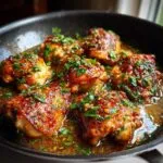 Close-up of juicy honey lemon garlic chicken pieces simmering in a pan with a glossy sauce and fresh parsley.