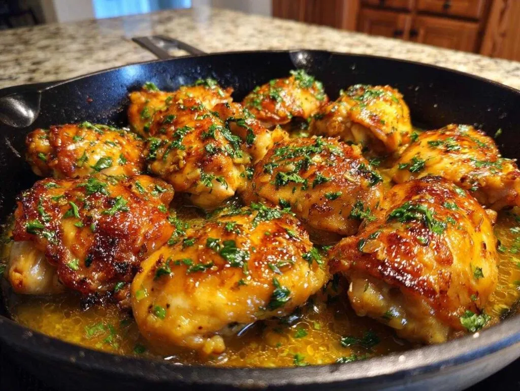 Close-up of perfectly cooked honey lemon garlic chicken thighs glistening in a cast-iron skillet, garnished with fresh parsley.