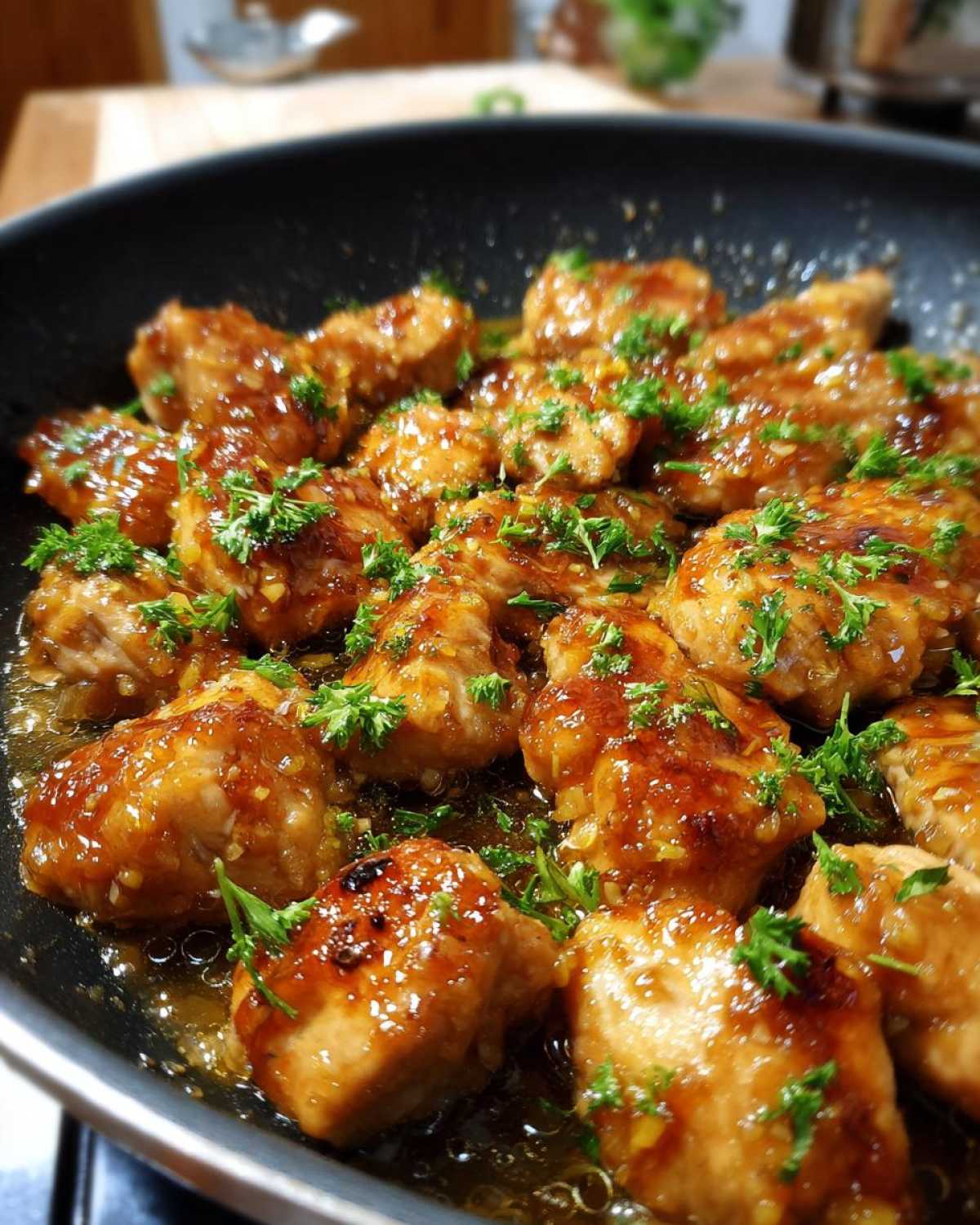 Close-up of glistening Honey Lemon Garlic Chicken pieces in a skillet, garnished with fresh parsley.
