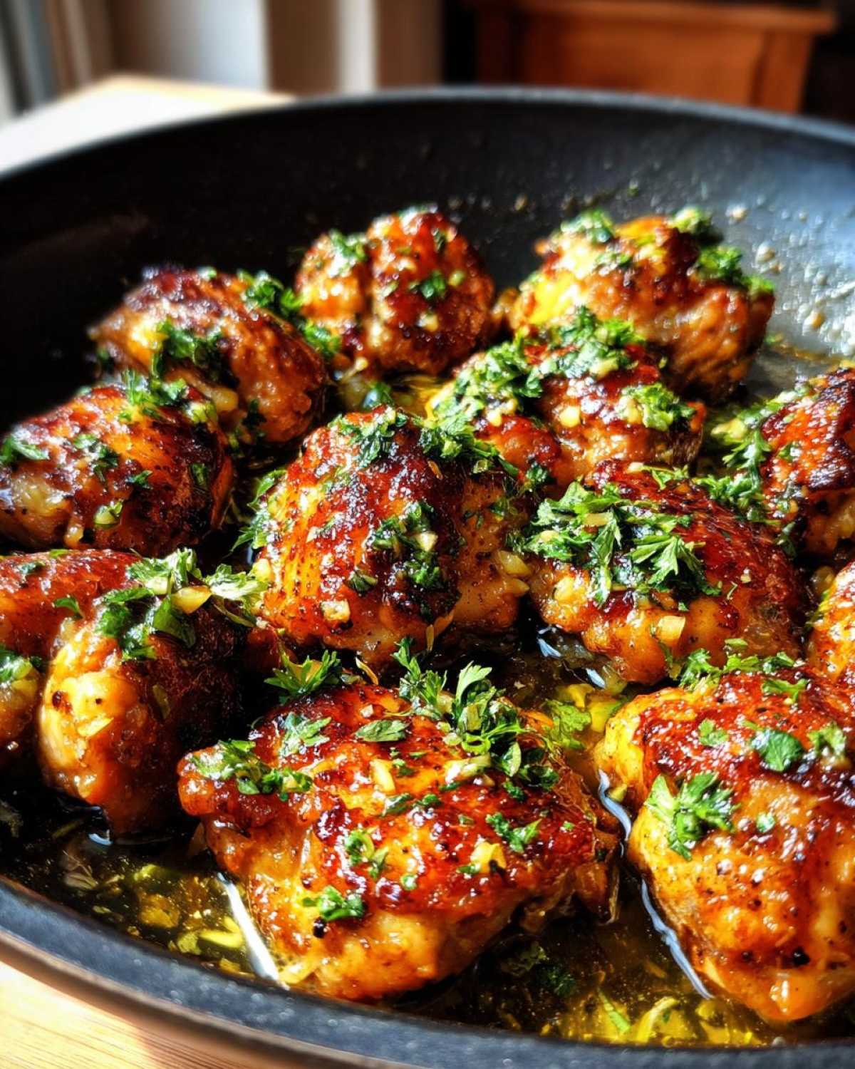 Close-up of glistening Honey Lemon Garlic Chicken pieces in a skillet, topped with fresh parsley.