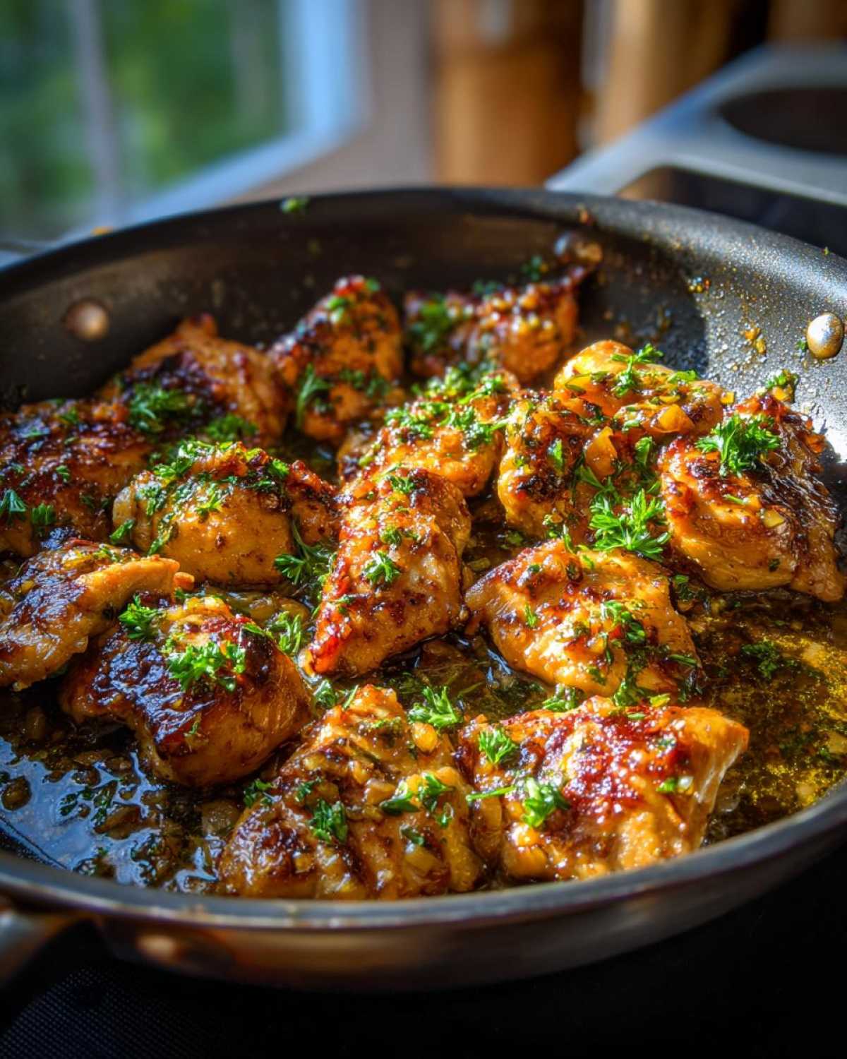 Close-up of glistening Honey Lemon Garlic Chicken pieces in a skillet, garnished with fresh parsley.