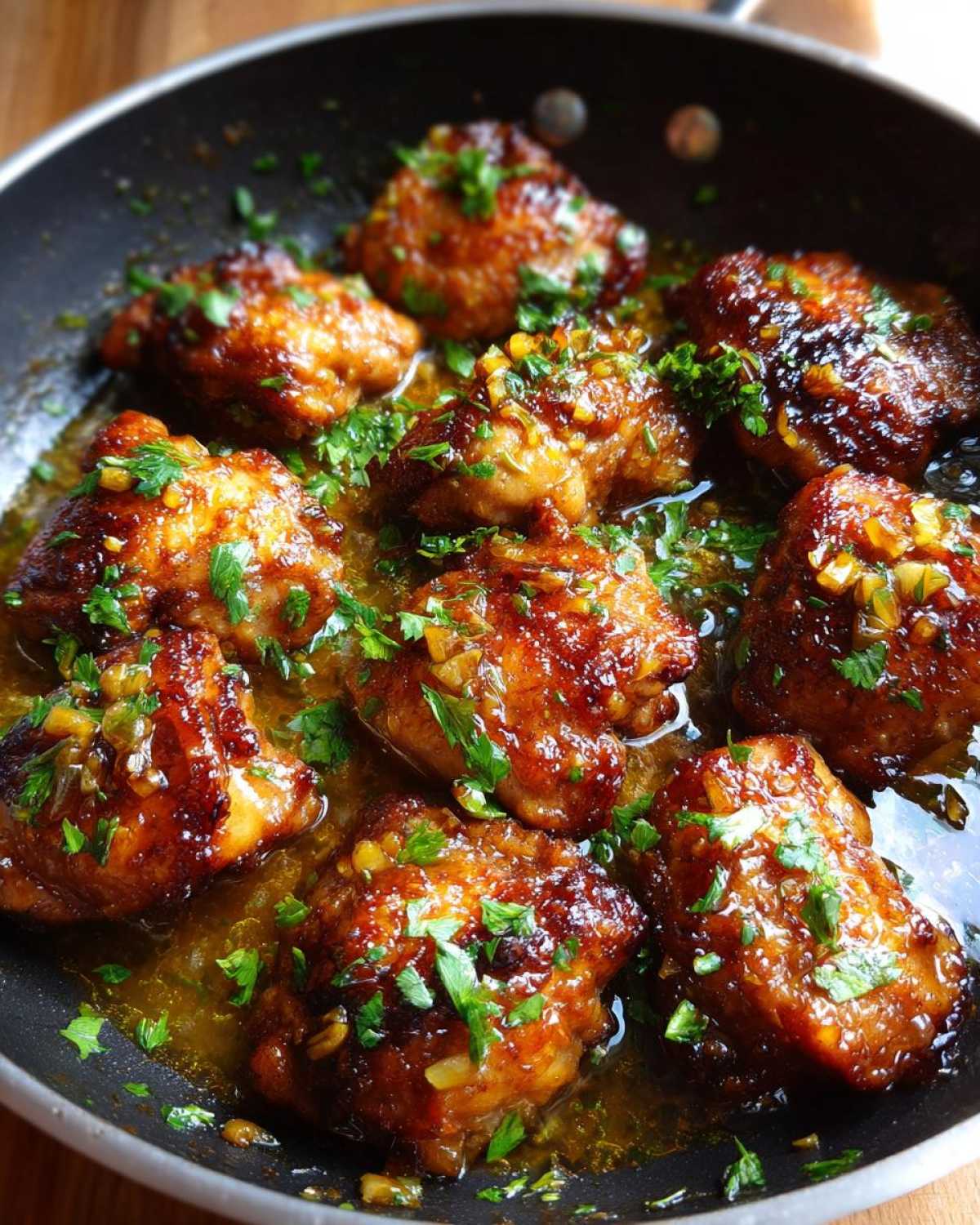 Close-up of glistening Honey Lemon Garlic Chicken pieces in a skillet, garnished with fresh parsley.
