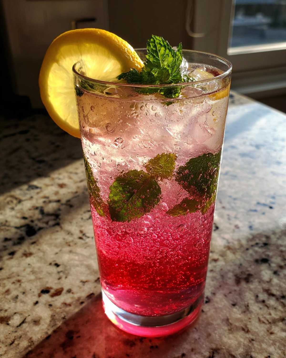 A tall glass filled with bubbly honey lemon pink soda, ice, fresh mint leaves, and a lemon slice.