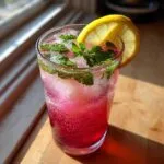 A tall glass filled with bubbly honey lemon pink soda, ice, fresh mint leaves, and a lemon slice garnish.
