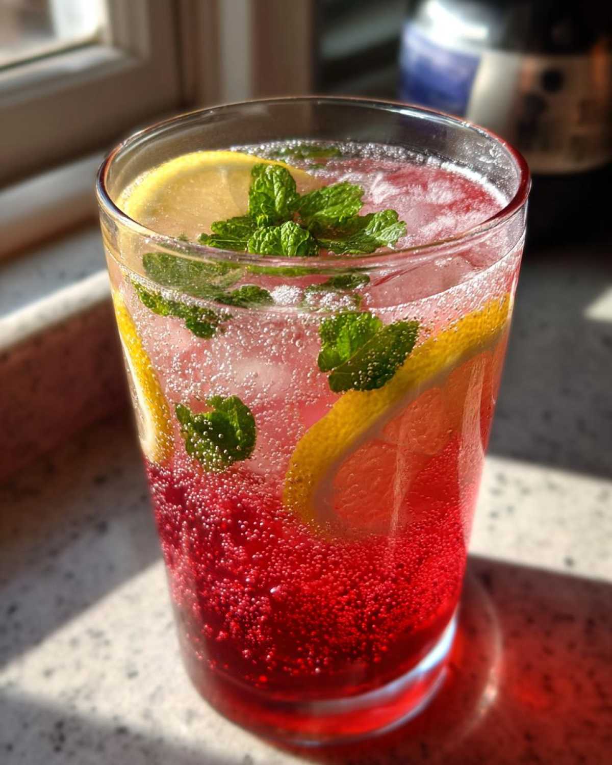 A tall glass of bubbly honey lemon pink soda with ice, lemon slices, and fresh mint leaves.