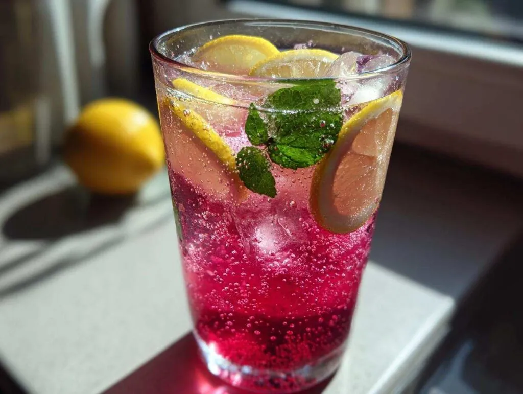 A tall glass filled with bubbly honey lemon pink soda, ice, lemon slices, and fresh mint leaves.