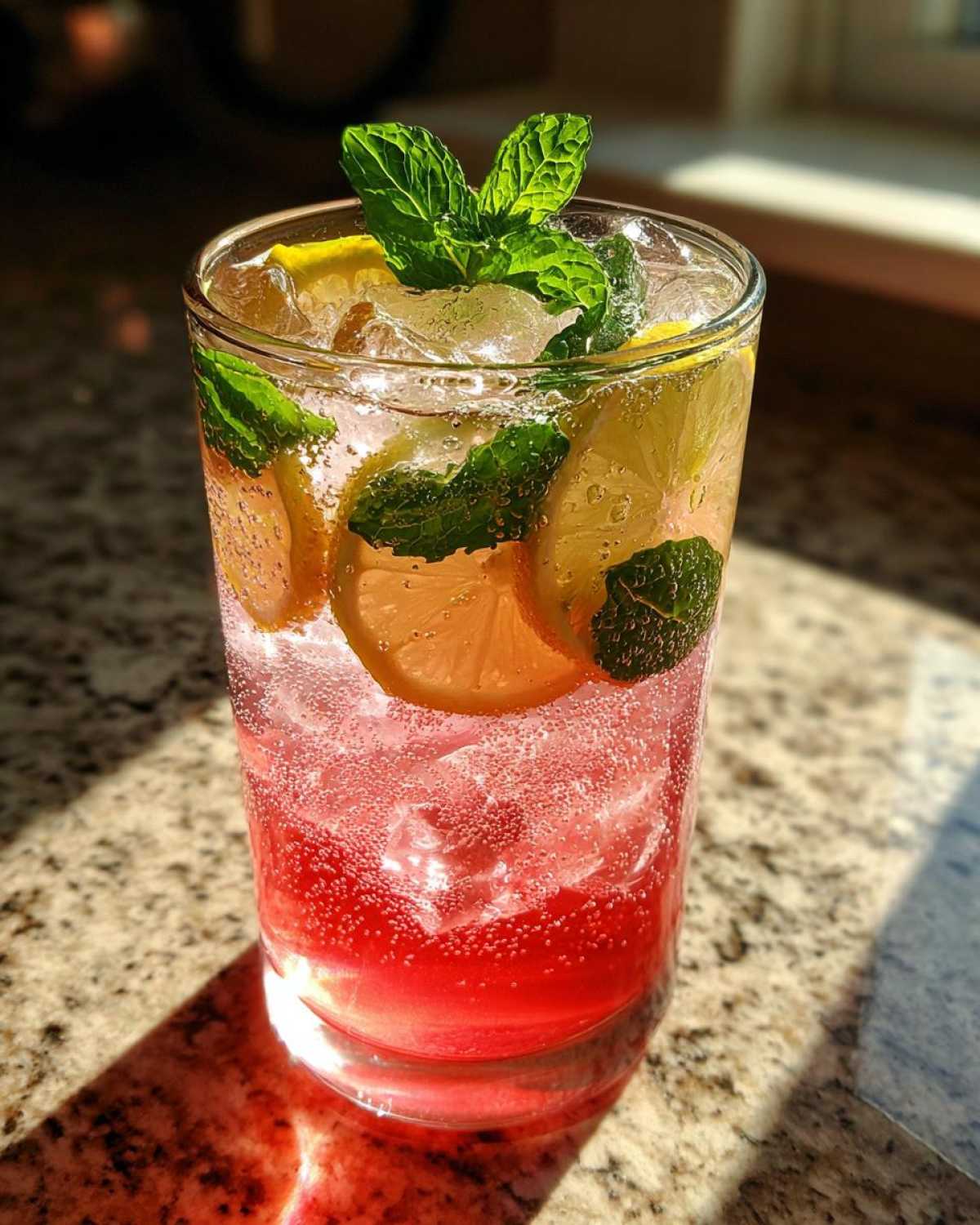 A tall glass filled with bubbly honey lemon pink soda, ice, lemon slices, and fresh mint leaves.