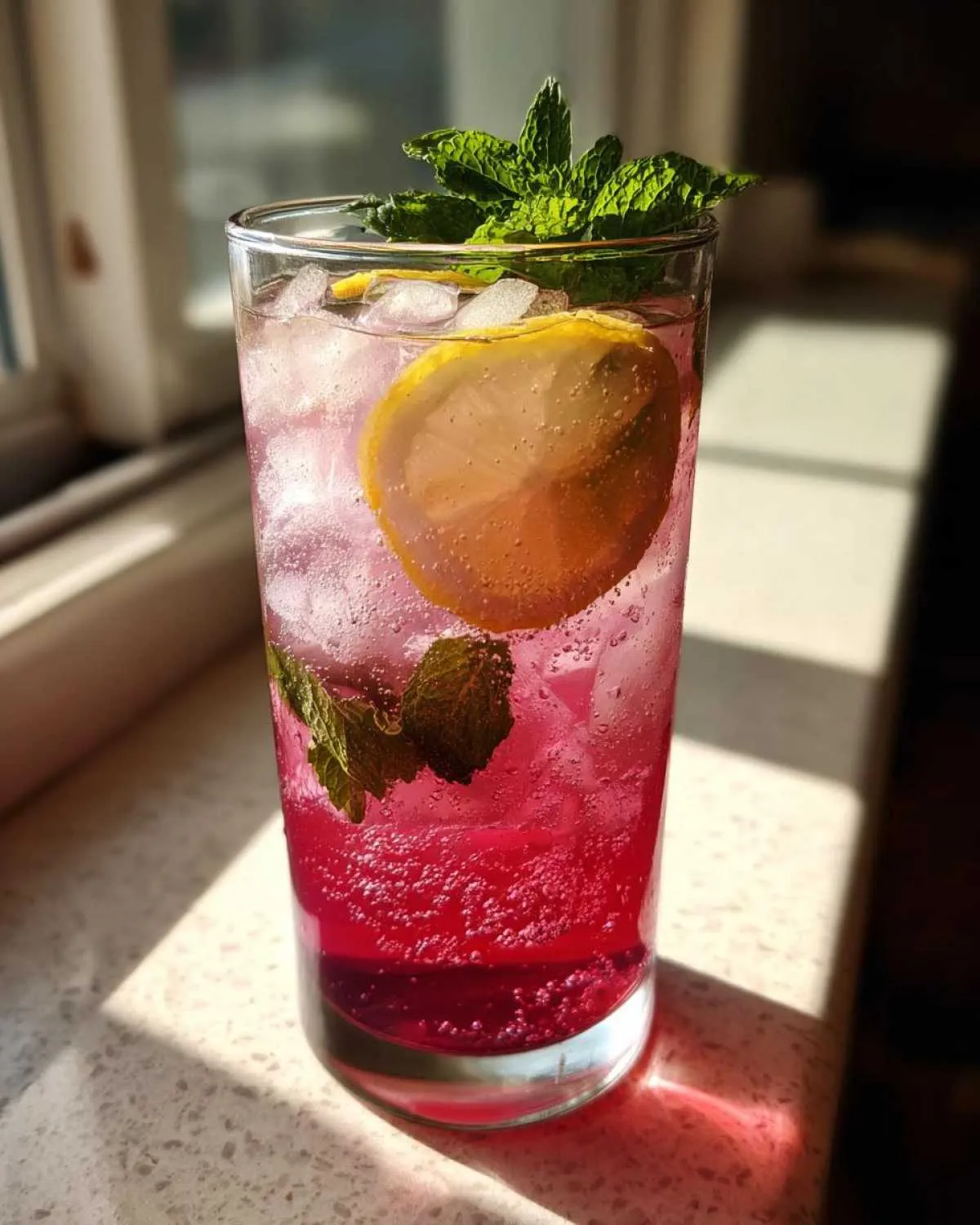 A tall glass filled with bubbly pink honey lemon soda, ice, lemon slice, and fresh mint leaves.