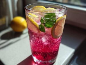 A tall glass filled with bubbly honey lemon pink soda, ice, lemon slices, and fresh mint leaves.