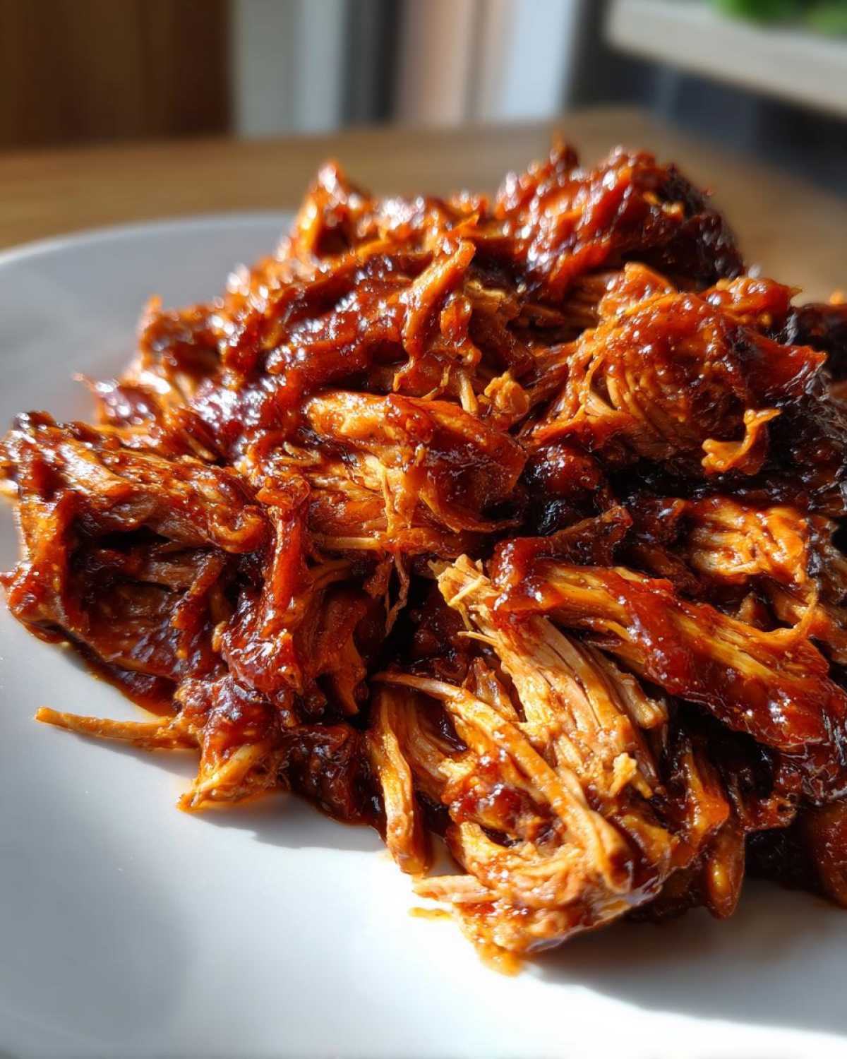 Close-up of a pile of tender, shredded Instant Pot pulled BBQ chicken coated in a rich, glossy sauce on a white plate.