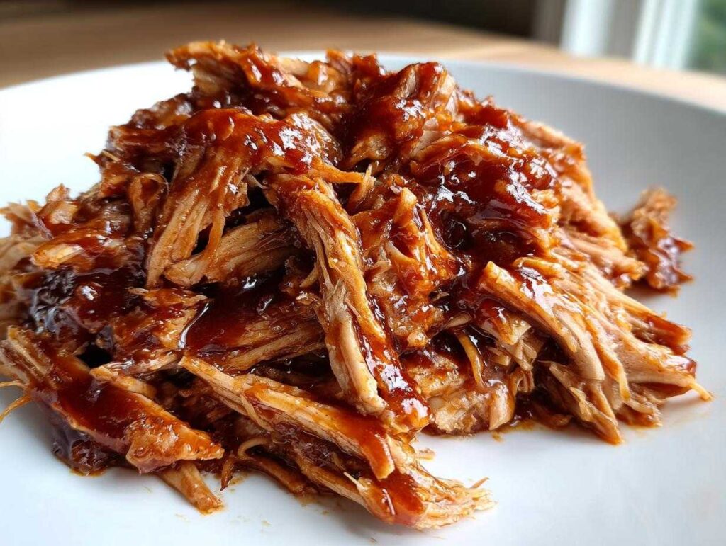 Close-up of a pile of juicy Instant Pot pulled BBQ chicken coated in rich BBQ sauce on a white plate.