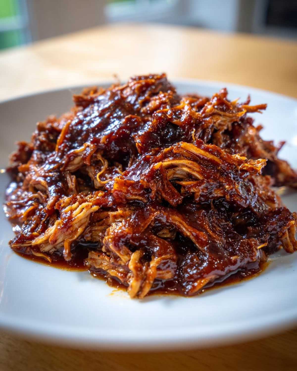 Close-up of a pile of juicy Instant Pot pulled BBQ chicken coated in rich, dark BBQ sauce on a white plate.
