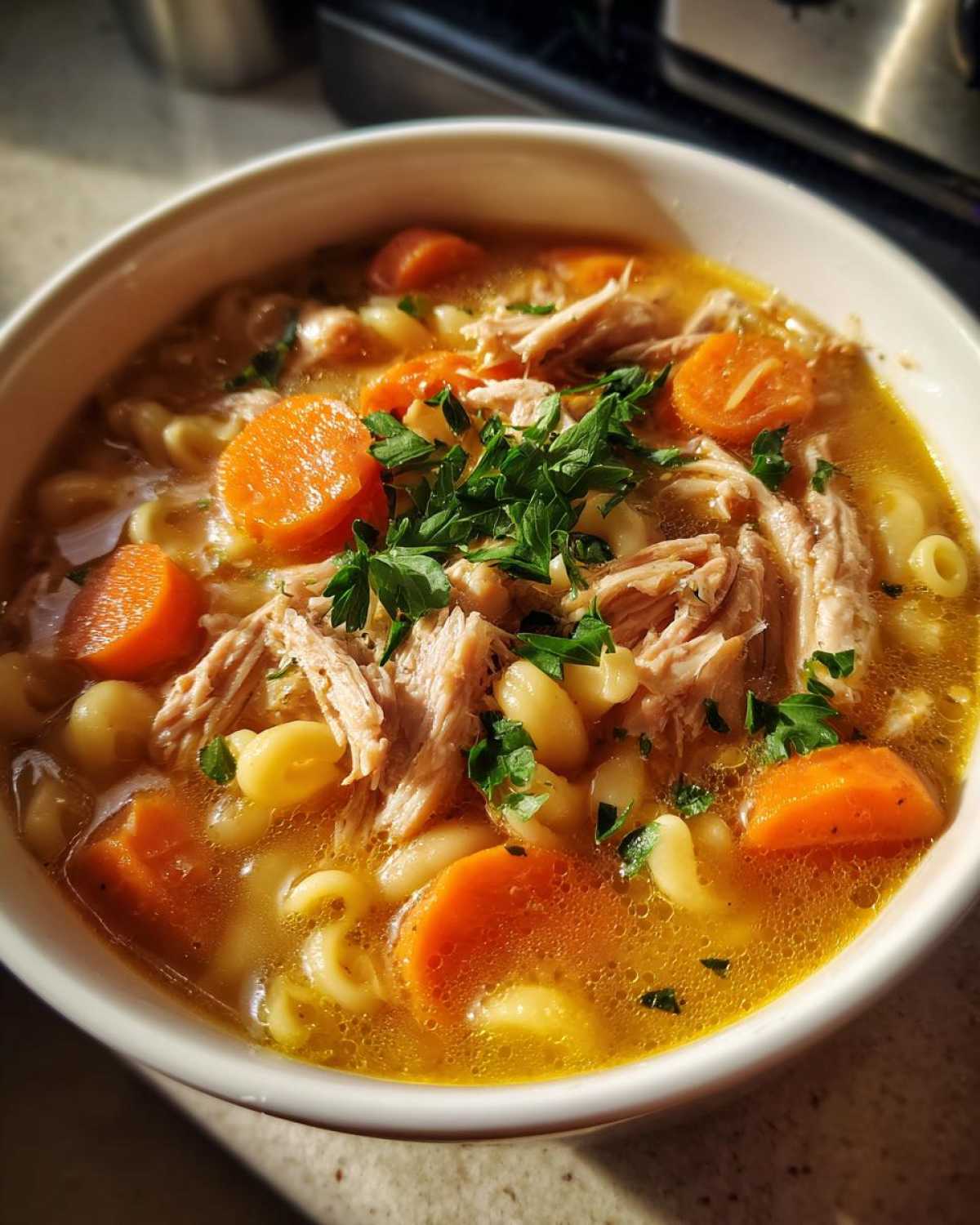 A close-up of a bowl of Italian penicillin soup, featuring shredded chicken, tender carrot slices, and small pasta, garnished with fresh parsley.