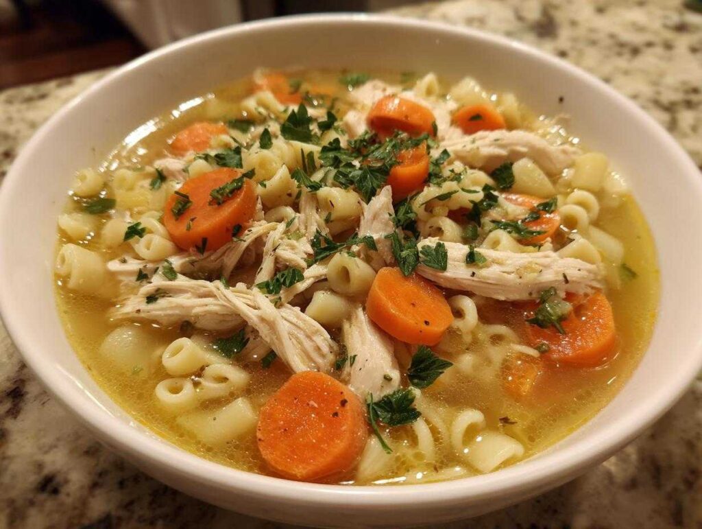 A close-up of a bowl of Italian penicillin soup, featuring shredded chicken, pasta, carrots, and parsley in broth.
