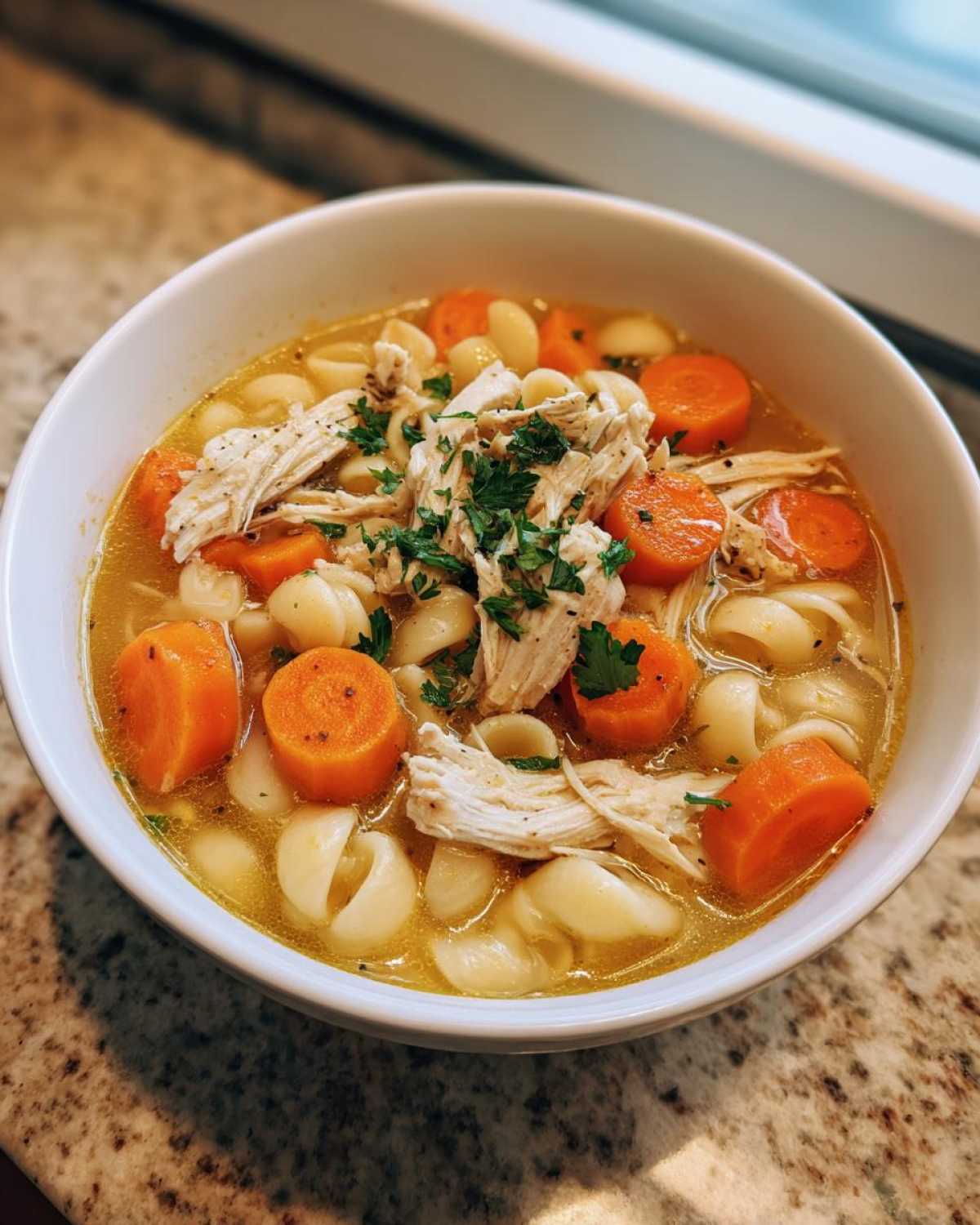 A close-up of a bowl of Italian penicillin soup, featuring shredded chicken, pasta shells, and sliced carrots in a savory broth, garnished with parsley.