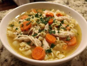 A close-up of a bowl of Italian penicillin soup, featuring shredded chicken, pasta, carrots, and parsley in broth.