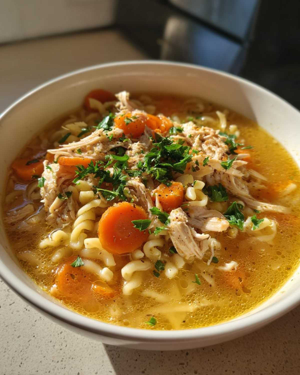 A close-up of a bowl of Italian penicillin soup, featuring shredded chicken, pasta noodles, and sliced carrots, garnished with fresh parsley.