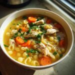 A close-up of a bowl of Italian penicillin soup, featuring shredded chicken, pasta shells, carrots, and fresh parsley.