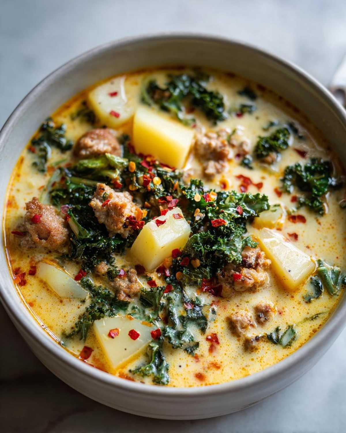 A close-up of a bowl of creamy Italian sausage soup with chunks of potato, kale, and sprinkled red pepper flakes.