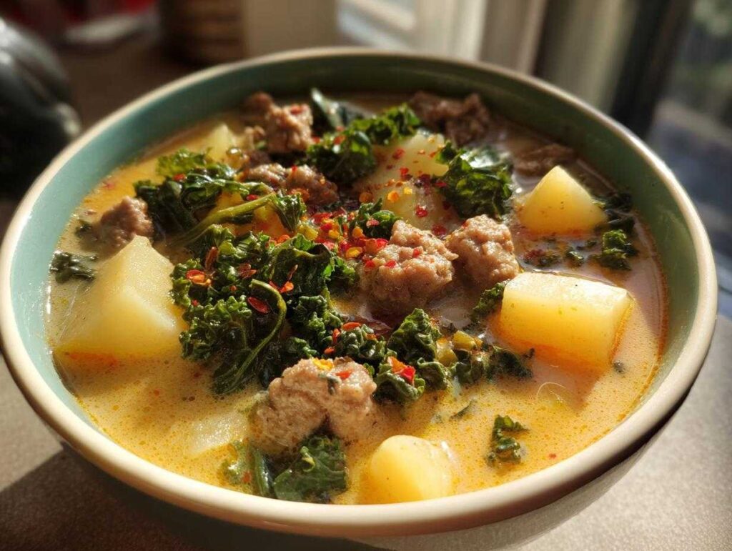 A close-up bowl of Italian sausage soup featuring chunks of sausage, potatoes, and kale, topped with red pepper flakes.