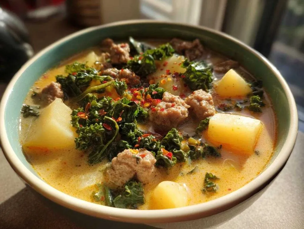 A close-up bowl of Italian sausage soup featuring chunks of sausage, potatoes, and kale, topped with red pepper flakes.