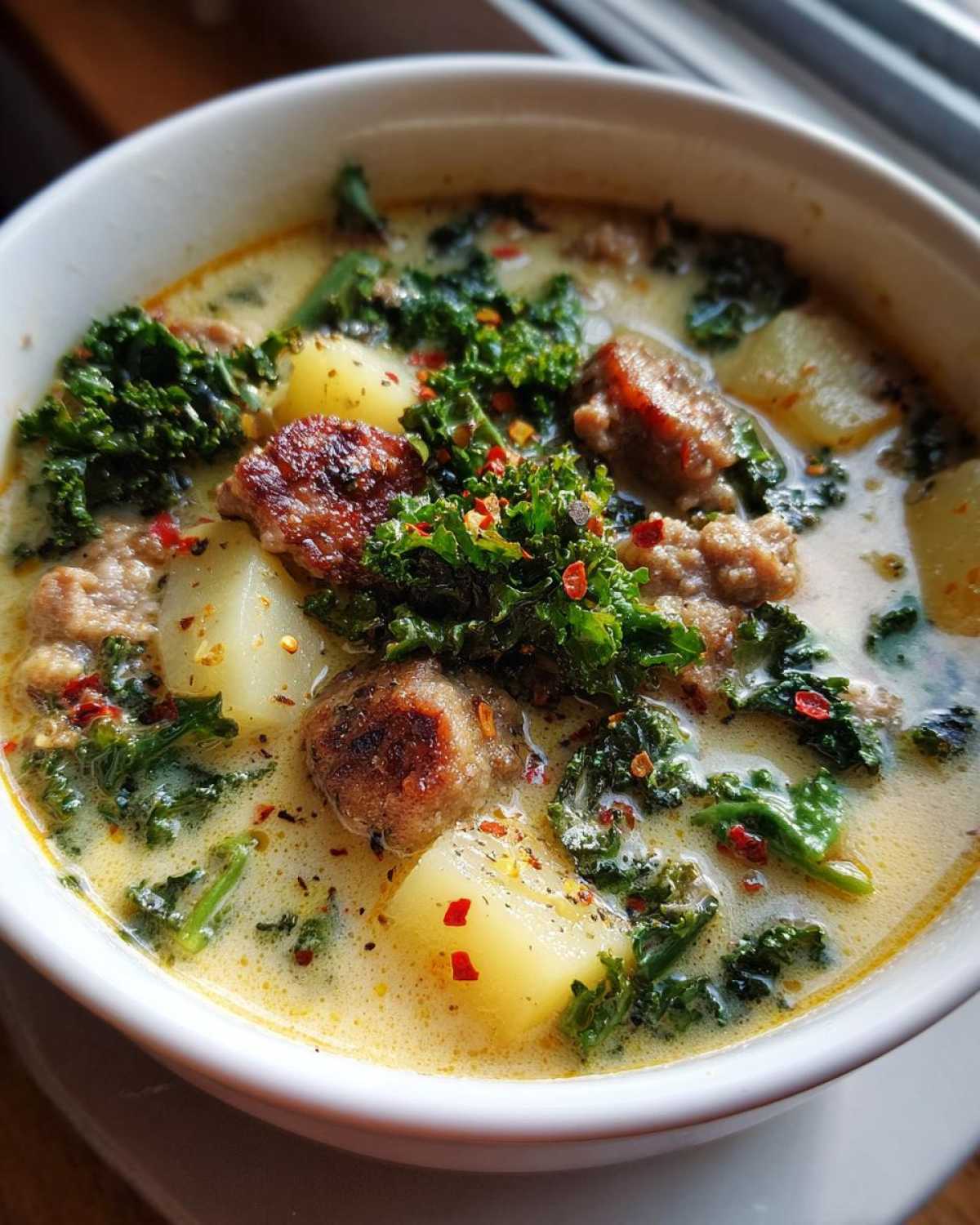 A close-up of a bowl of creamy Italian sausage soup, featuring chunks of sausage, potatoes, and kale, topped with red pepper flakes.
