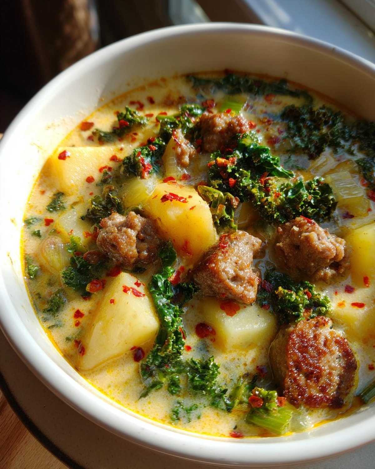 A close-up of a bowl of creamy Italian sausage soup, featuring chunks of sausage, potatoes, and kale, sprinkled with red pepper flakes.