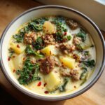 A close-up overhead view of a bowl of creamy Italian sausage soup, filled with chunks of sausage, potatoes, and kale, topped with red pepper flakes.