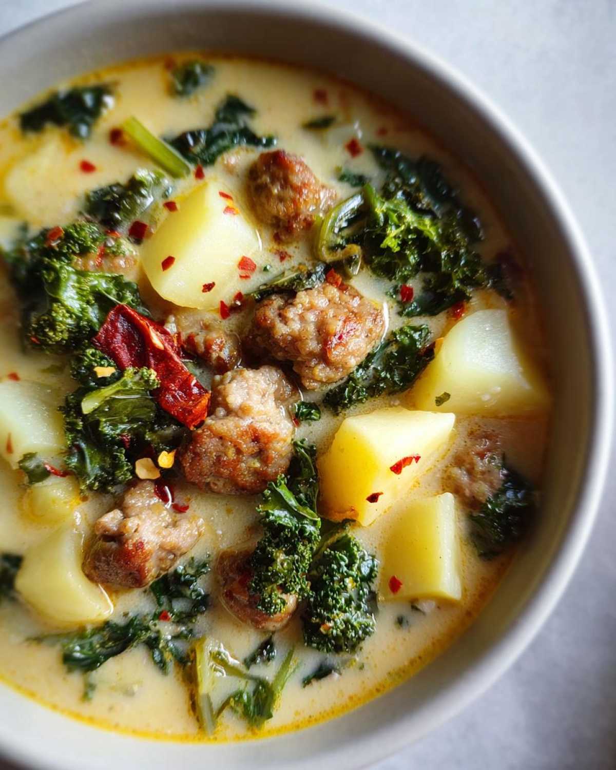 A close-up bowl of creamy Italian sausage soup with chunks of potato, kale, and Italian sausage.
