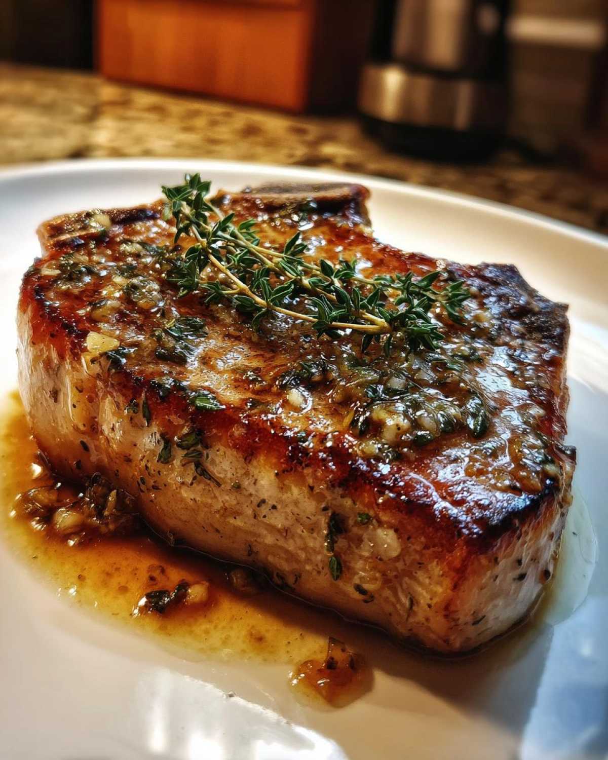 A close-up of a perfectly cooked garlic butter pork chop, glistening with sauce and topped with fresh thyme.