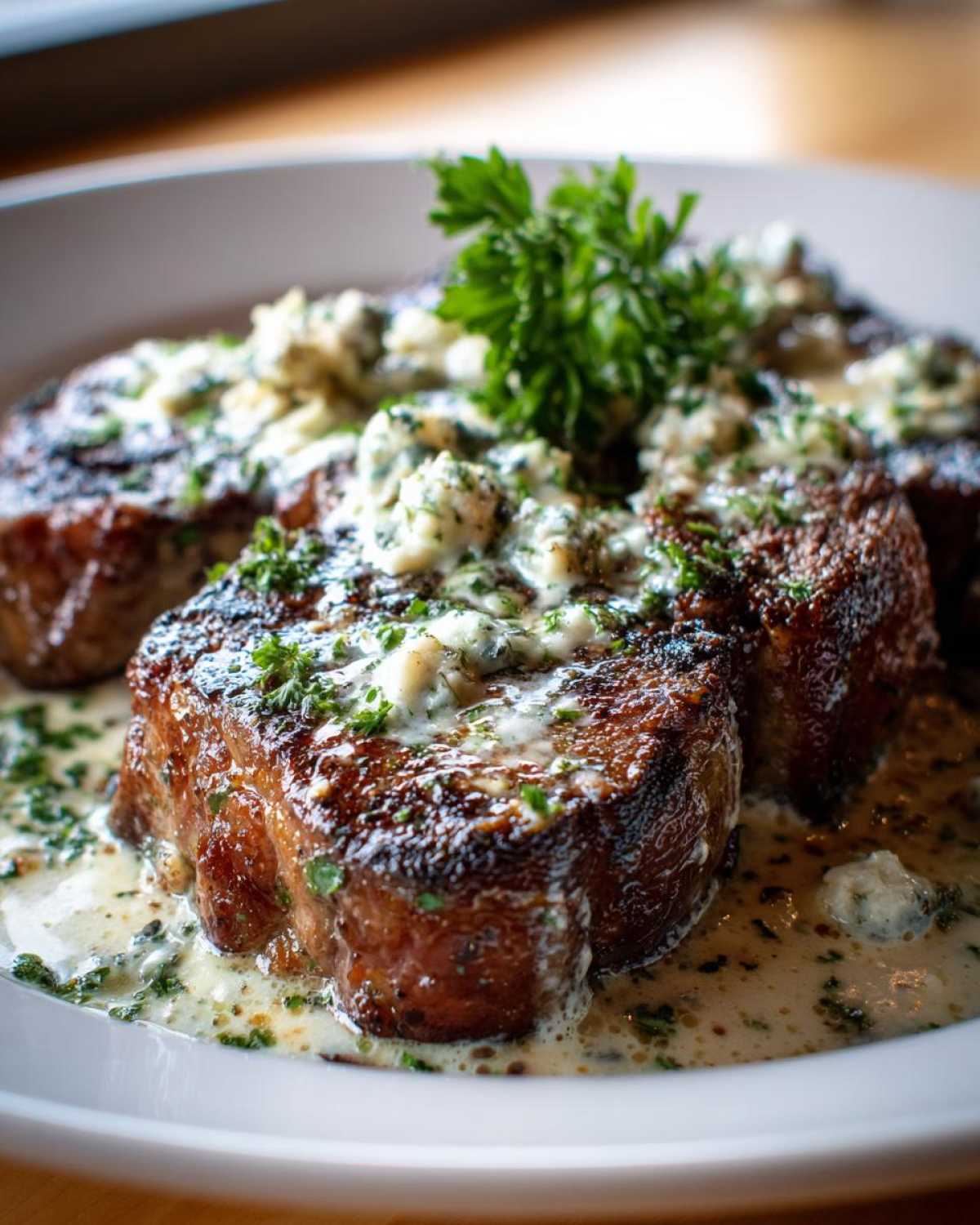 Close-up of juicy garlic butter steak topped with herbs and served in a creamy garlic butter sauce.