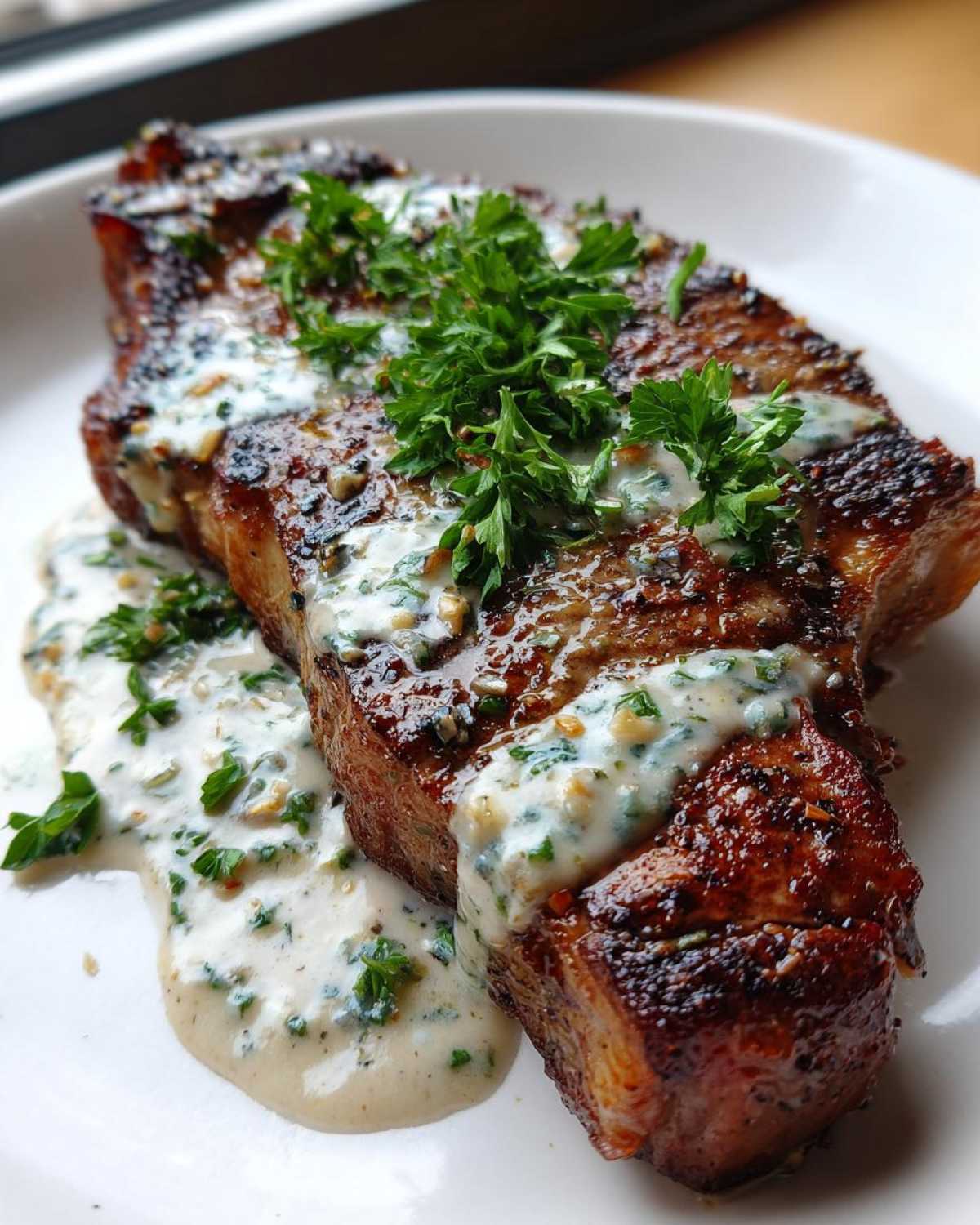 A close-up of a perfectly cooked garlic butter steak, drizzled with creamy garlic butter sauce and fresh parsley.