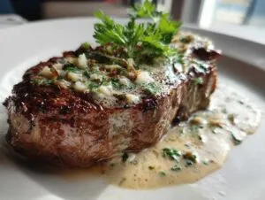 A perfectly cooked garlic butter steak, glistening with melted butter and herbs, served on a white plate.