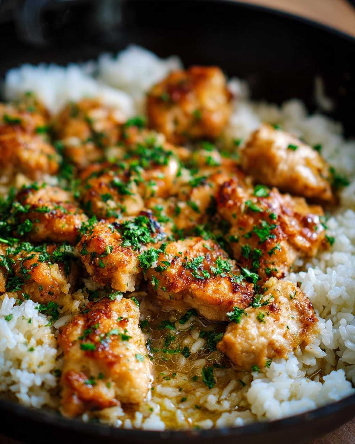 Close-up of juicy garlic chicken and rice cooked in a skillet, garnished with fresh parsley.