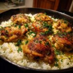 Close-up of juicy garlic chicken thighs baked on top of fluffy white rice in a cast-iron skillet, garnished with parsley.