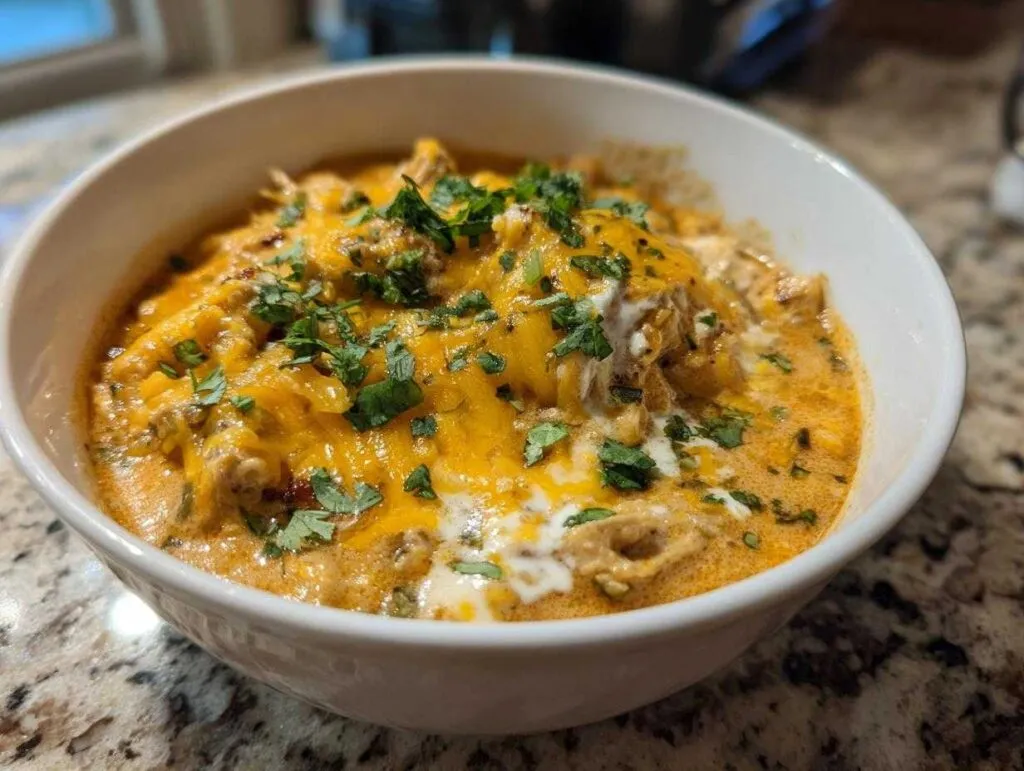 A close-up of a white bowl filled with creamy Keto Cream Cheese Chicken Chili, topped with melted cheddar cheese and fresh cilantro.