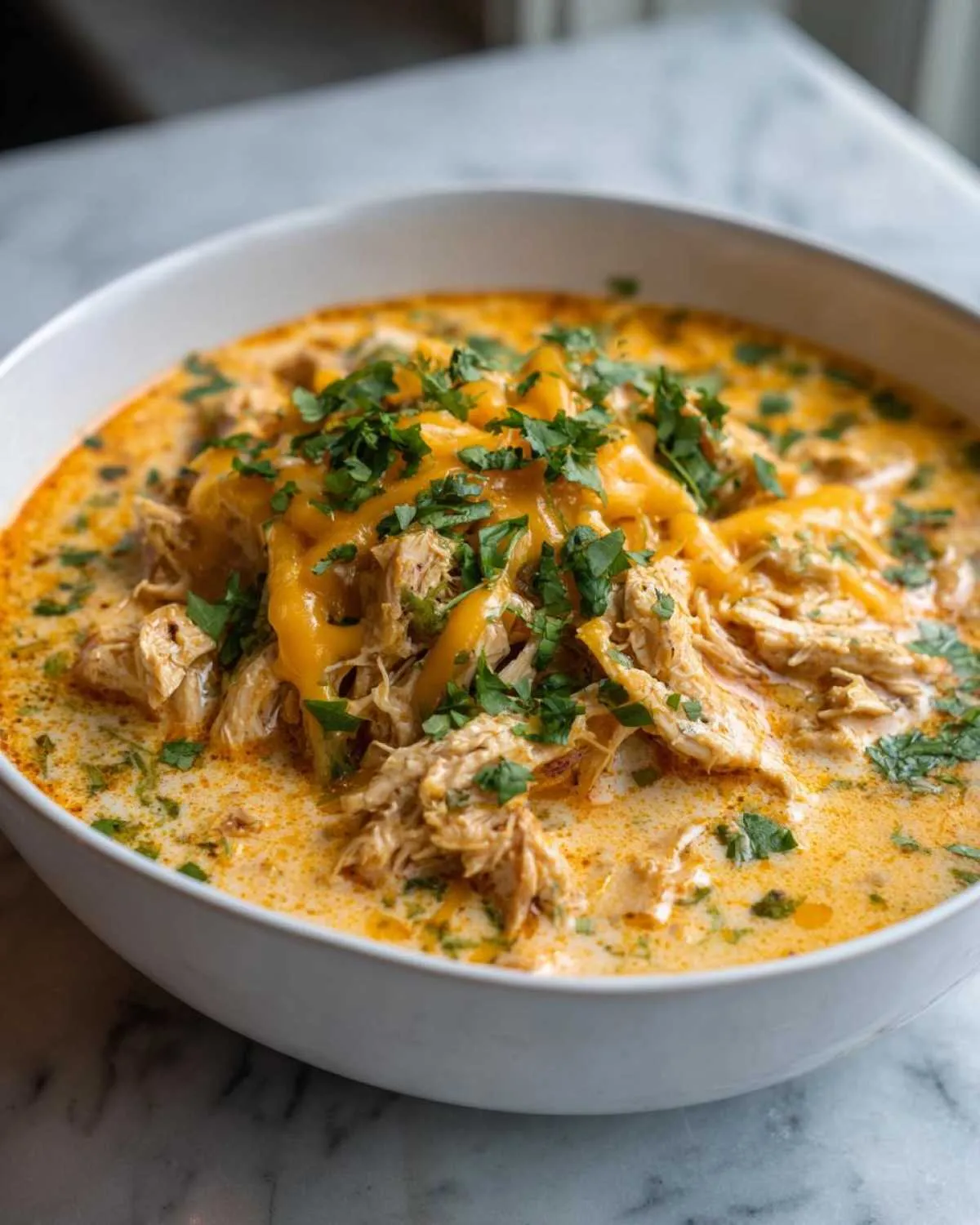 A close-up shot of Keto cream cheese chicken chili in a white bowl, topped with shredded cheese and fresh parsley.