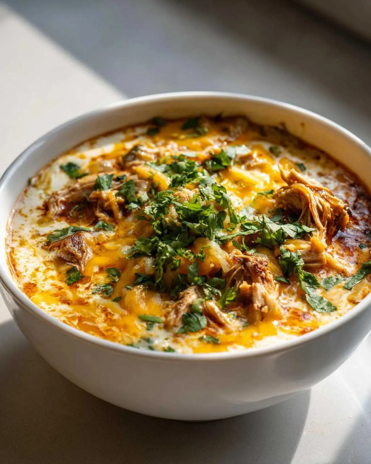 A close-up of a white bowl filled with creamy keto cream cheese chicken chili, topped with melted cheese and fresh cilantro.
