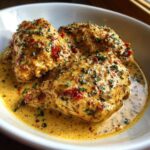 Close-up of tender Keto Garlic Parmesan Chicken pieces in a rich, creamy sauce, garnished with herbs and sun-dried tomatoes.