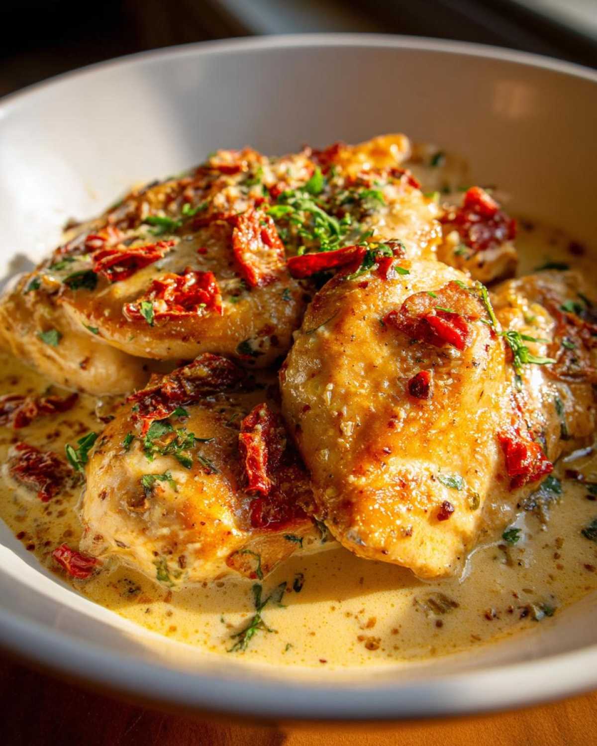 Close-up of Keto Garlic Parmesan Chicken breasts in a rich, creamy sauce with sun-dried tomatoes and herbs.